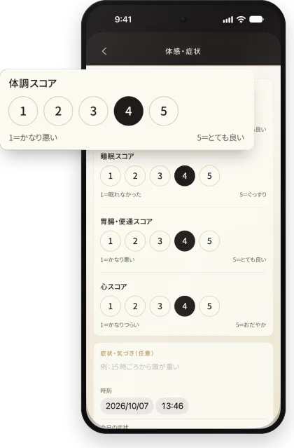今朝の体感を入力する画面。体調・睡眠・胃腸・心のスコアを5段階で選ぶ（見本データ）