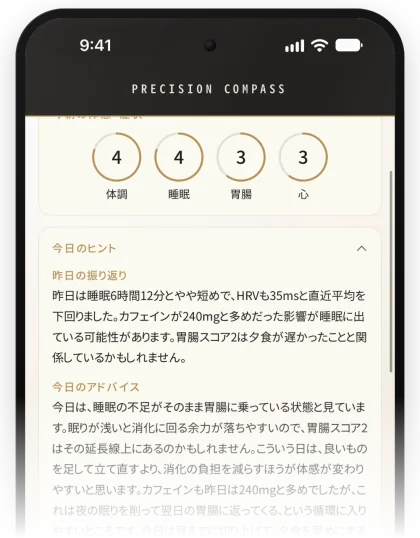 今朝の体感の輪と、今日のヒント（昨日の振り返り・今日のアドバイス）の画面（見本データ）